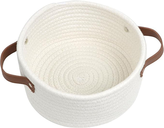 Small Woven Basket, Cute Mini Cotton Rope Storage Basket with leather handle, Tiny Decorative Round Storage Bin, Boho Empty Gift Baskets for Organizing, Toy Organizer for Nursery (Narrow handle)
