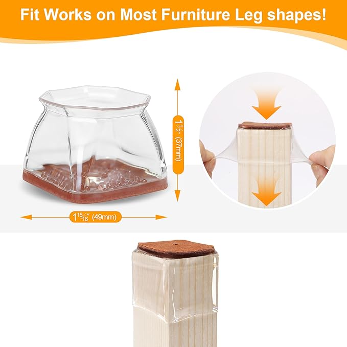 CHUNZEXI 36 Pack Square Chair Leg Floor Protectors for Hardwood Floors, Silicone Felt Covers Pads Caps, Protect Wood Furniture Feet Floors Noise Reduce and Scratch (Square X-Lager & Clear)