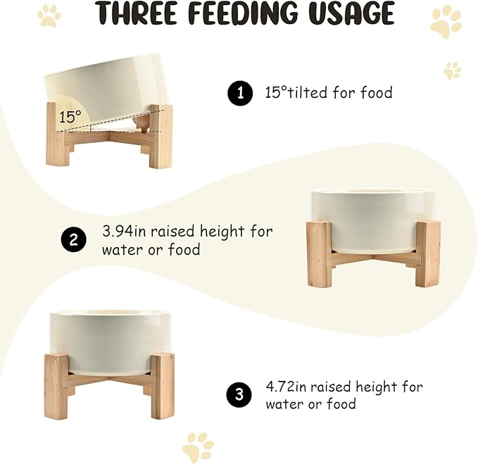 SPUNKYJUNKY 15° Slanted Ceramic Dog and Cat Bowl with Wooden Stand, Tilted Bulldog Food and Water Bowl No Slip Non-Spill for Cats Medium Dogs Big Face Pets 28.7 OZ (3.6 Cups, Beige)