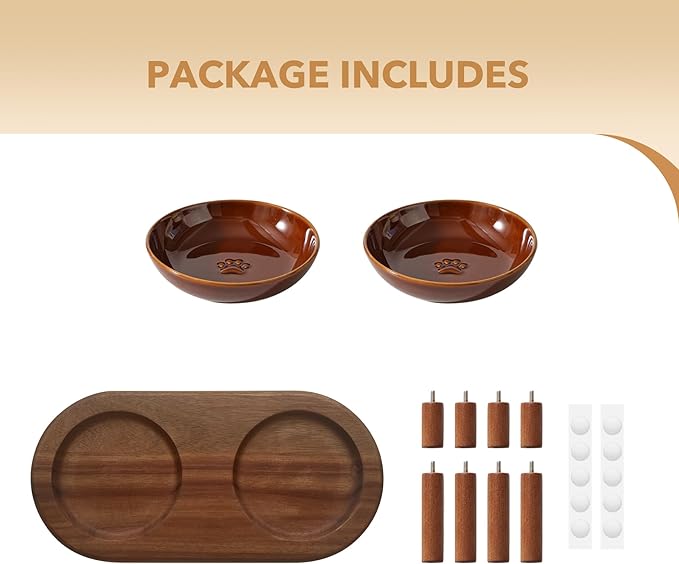 Elevated Ceramic Paw Print Cat Dish, Wide Whisker Friendly Anti-Slip Food & Water Bowl with 2 Heights Adjustable Acacia Wooden Stand for Cats (2 Dishes +Stand, Caramel Brown)