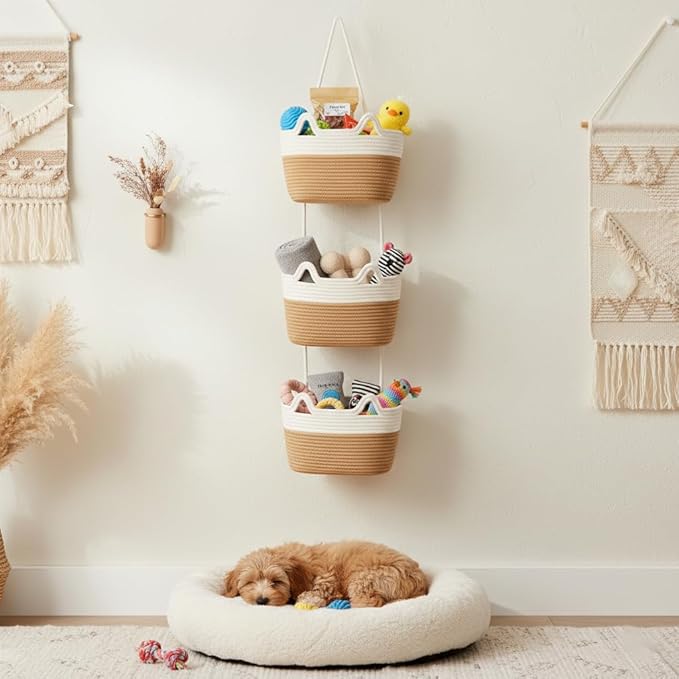 Wall Hanging Baskets, 3-Tier Cotton Over Door Organizer, Decorative Hanging Wall Basket for Wall, Door, Nursery, Living Room, Bathroom, Cat-Like Design Boho Decor, White & Jute