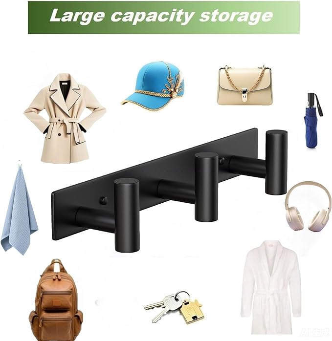 VINHOLD Coat Rack Wall Mounted-3 Hooks,Heavy Duty Stainless Steel Wall Hooks for Towel Coat Bag, Hat Rack Coat Hanger Coat Hooks Towel Racks for Bathroom Entryway Kitchen Hotel Office (Black, 2 Packs)