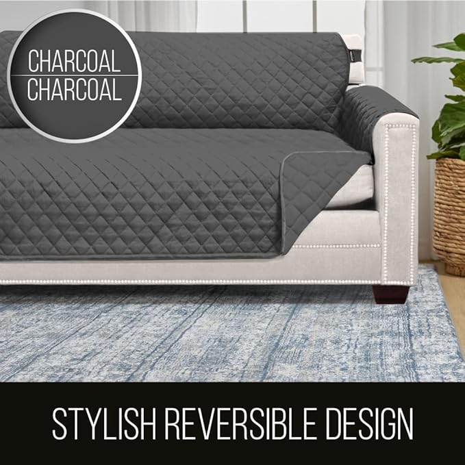 Sofa Shield Chaise Slip Cover with Patented Strap, Cushion Protector, US Designed Reversible Stain and Dog Tear Resistant Slipcover, 102x34 inch Seat, Washable Covers for Dogs Pets, Charcoal