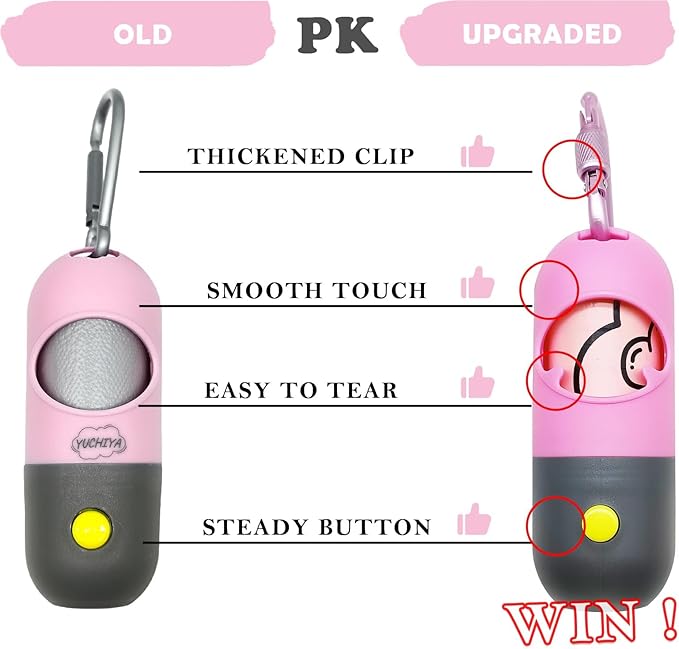 Dog Waste Bags Holder with LED Flashlight Doggie Poop Bags Dispenser with 13 Rolls Leak-Proof Pet Trash Bags Rechargable USB Cable(Pink)