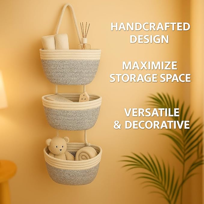 Japanese Handmade Cotton Rope Hanging Basket Organizer – 3 Tier Wall boho Storage Organizer for Toys , Snacks & Décor – Eco-Friendly Coiled Weaving Craft, Housewarming & Shower Gift (White&beige)