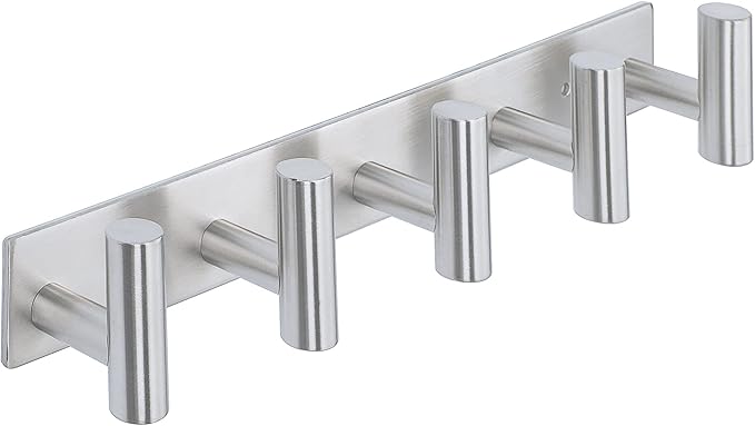 Alise Towel Hooks Towel Robe Coat Hook Rail with 5 Hooks Wall Mount Key Hooks for Coat Hat Towel Purse Robes Bathroom,SUS304 Stainless Steel Wall Hooks Self Adhesive and Drilling,Brushed