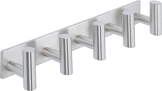 Alise Towel Hooks Towel Robe Coat Hook Rail with 5 Hooks Wall Mount Key Hooks for Coat Hat Towel Purse Robes Bathroom,SUS304 Stainless Steel Wall Hooks Self Adhesive and Drilling,Brushed