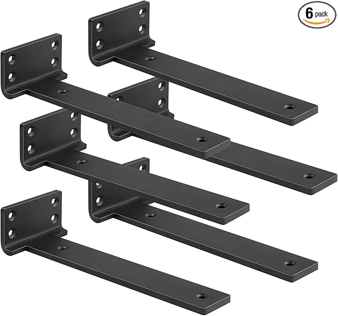 Floating Shelf Brackets 10 inch 6 Pack L Brackets for Shelves Black Metal Heavy Duty Shelf Bracket for DIY Decorative with Mounting Hardware