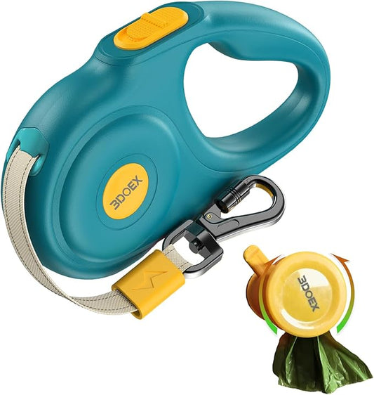 Retractable Dog Leash 16FT for Small & Medium Dogs, Sturdy Heavy-Duty Nylon Tape with Secure Locking Carabiner & Poop Bag Holder, Smooth One-Hand Control, Anti-Slip Handle, Tangle-Free Design (Green)