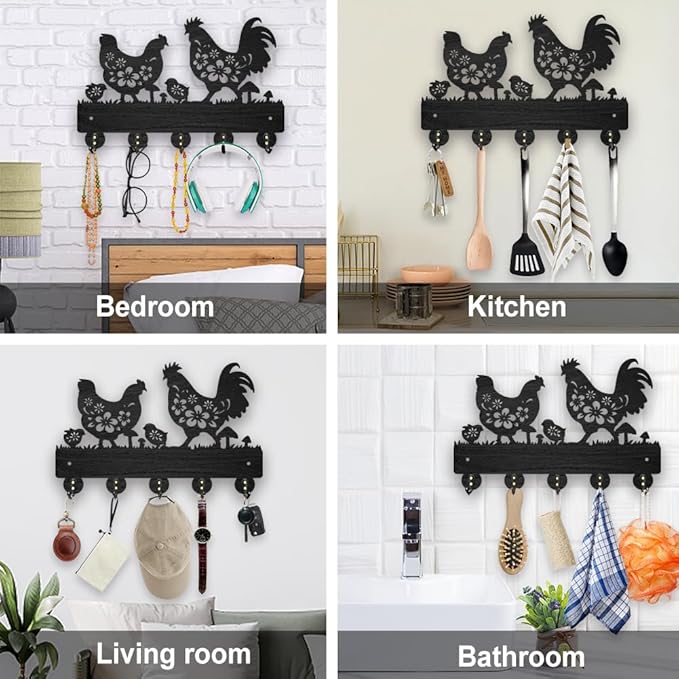 MAYJOYDIY Chicken Coat Hooks Wall Mount Floral Roosters Hens Chicks Wood Key Holder for Wall 11.8×7.9inch Black Animal Wall Art Decor Key Hooks 5 Alloy Hooks for Gift Farmhouse Entryway Living Room