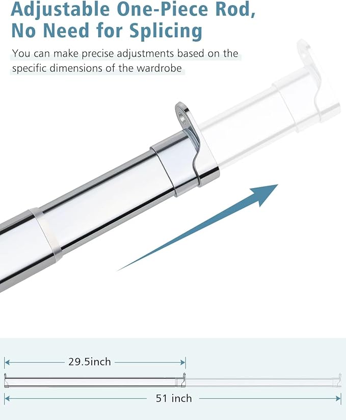 Heavy Duty Oval Closet Rod for Hanging Clothes, 29.5-51 Inch Adjustable Closet Rods, Premium Chrome