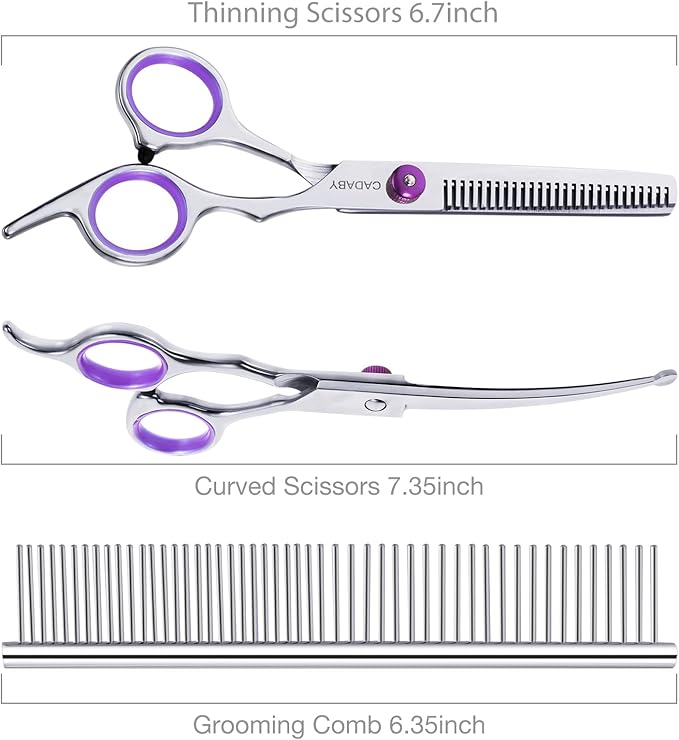 CADABY Professional Dog Grooming Scissors with Safety Round Tips, 3 in 1 Dog Grooming Scissors Kit, 4CR Stainless Steel Pet Grooming Shears, Sharp and Sturdy, Purple