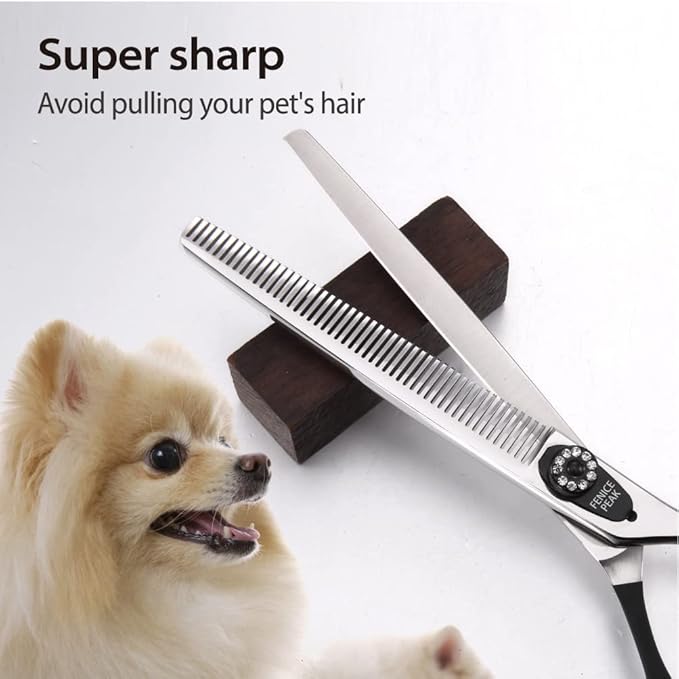 Fenice Peak 7.5'' Dog Thinning Scissors For Grooming 440C Stainless Steel Black Non-Slip Handle Sharp Blades Professional Pet Trimming Scissors for Cats Thinning Rate 35%