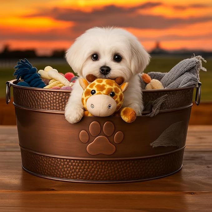 BREKX Indestructible Metal Dog Toy Bin - Copper Galvanized Storage Bin with Handles, Puppy Basket for Dog Storage, Blankets, & Leashes, Paw Pet Toy Box (25-Quart)