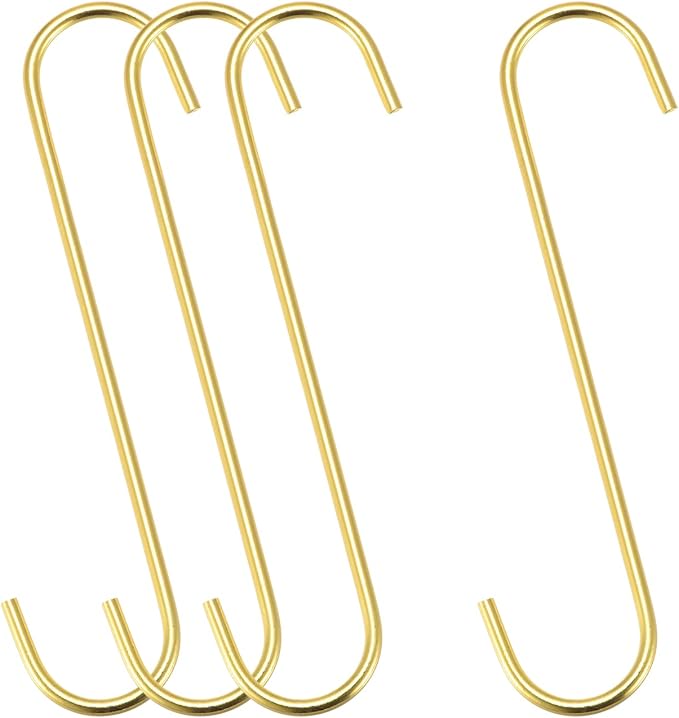 uxcell S Hanging Hooks, 8inch/200mm Extra Long Steel Hanger, Indoor Outdoor Uses for Garden, Bathroom, Closet, Workshop, Kitchen, Gold Tone, 4Pcs