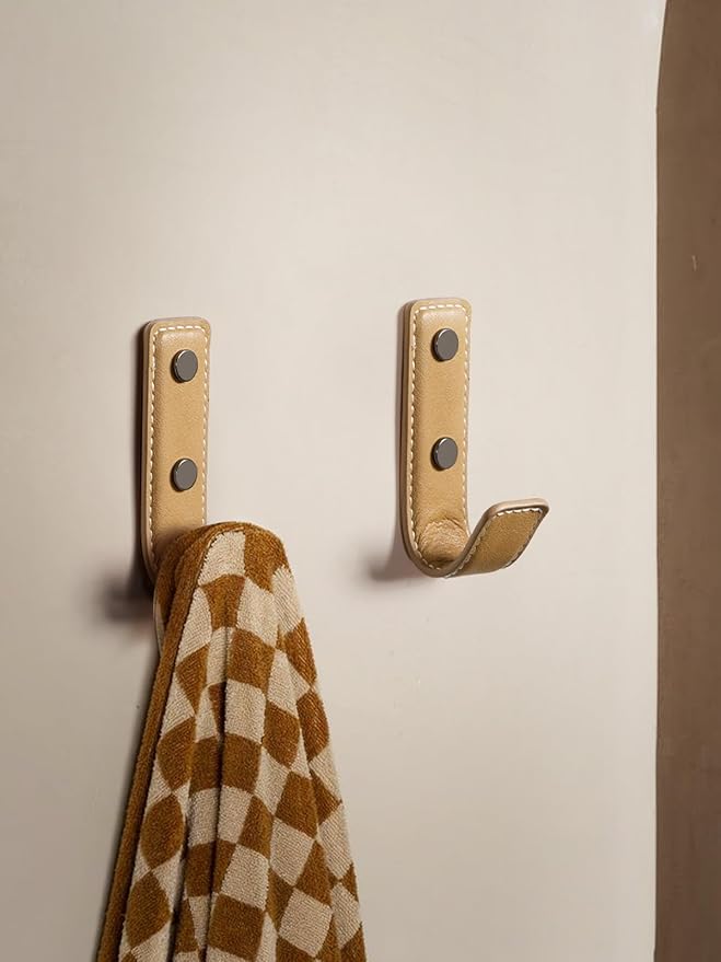 2 Pack Khaki Leather Coat Hooks Wall for Hanging Rectangle Coat Hooks for Hanging Robe Towels Bags Hats Scarf Keys Clothes Suitable for Bedroom, Entryway and Closet