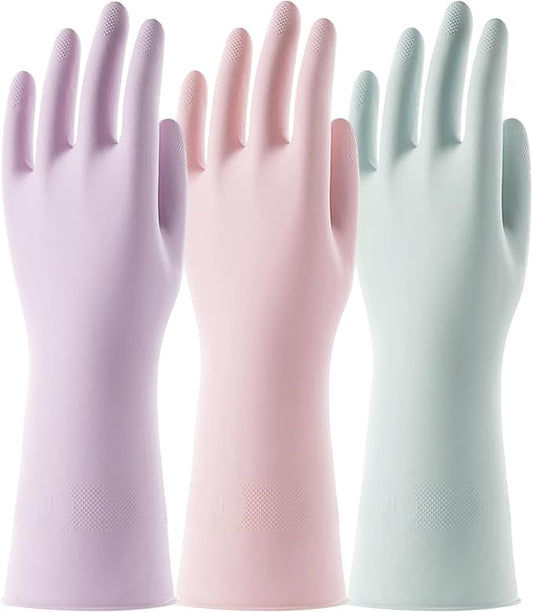 COOLJOB 3 Pairs Colorful Household Gloves with Cotton Liner & Non-slip Grip, Water Resistant Reusable Dish Washing Rubber Gloves for Kitchen & Bathroom Cleaning, Medium