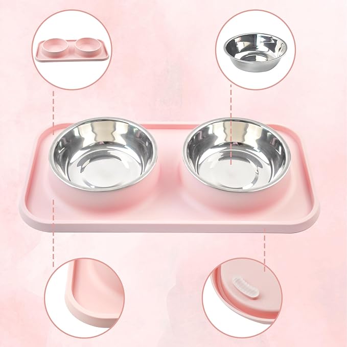 MUYG Double Dog Food Bowls with Mat,Stainless Steel Dog Bowls with No Spill Non Skid Silicone Mat Removable Cats Water and Food Bowl Set for Puppy Cats Kitten Small Medium Dogs(Pink)