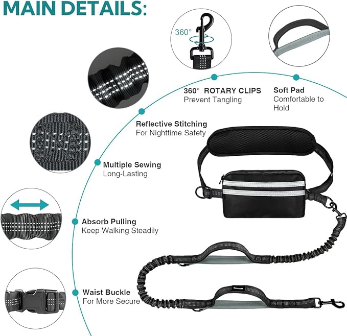 Hands Free Dog Leash, Double Dog Leash with Waist Bag, Double Padded Handles, Dog Walking Running Accessory, (Large, 26-120 lbs)