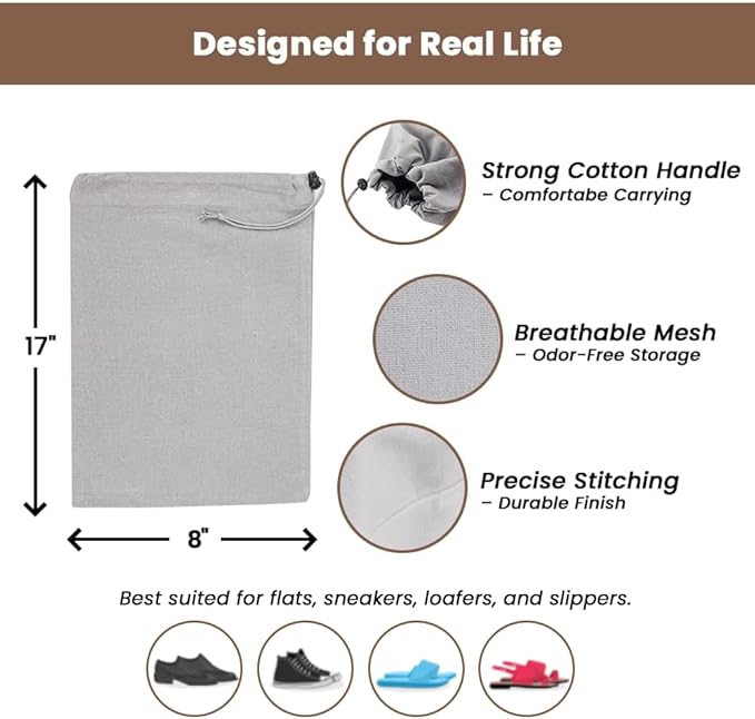 LFH Cotton Rich Shoe Storage Bags with Drawstring, Dustproof Breathable Reusable Organizer, Perfect For Travel, Dorm, Hotel, College, Gym, Easy to Carry, Machine Washable 8"x17" (Pack of 2) - Grey