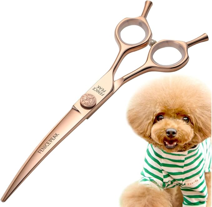 Fenice Peak Curved Dog Grooming Scissors Champagne Gold 440C Stainless Steel Professional Pet Cutting Shears Safety Trimming Shearing for Dogs and Cats