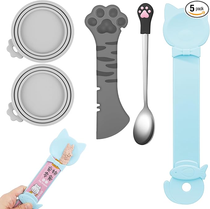 Aecsze 5 PCS Cat Food Can Covers Lids Set, Silicone Pet Food Can Lids with Multi-Function Cat Food Spoon and Opener, Cat Bar Squeezer, Stainless Steel Wet Food Spoon for Cats and Dogs (Grey)