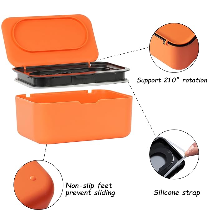 Wipes Dispenser, Wipe Holder for Baby & Adult, Seposeve Refillable Wipe Container, Keeps Wipes Fresh, One-Handed Operation. Non-Slip, Easy Open/Close Wipes Pouch Case, Orange