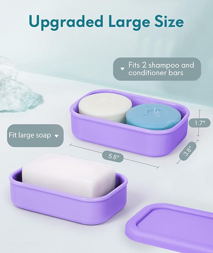 Quatish Solid Shampoo Bar Holder, Large Leakproof Travel Soap Case, Silicone Soap Box with Draining Layer, Enhanced Soap Container, Suitable for Camping, Gym, Bathroom, Outdoor Essentials, Purple