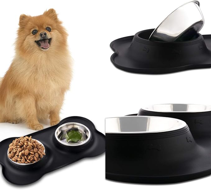 Dog Bowls with Mat, Cat Water Food Bowl Set (13.5oz Each) in No Spill Silicone Mat, Dual Pet Feeder Bowl for Puppy, Cats, Small Medium Dogs (Bone Shape, Black)