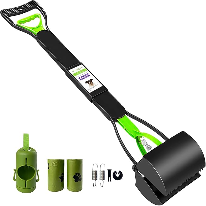 ShinyDew 32" Pooper Scooper for Large Small Dogs with 30 Dog Poop Bags & Dispenser Attachment, Extra Long Handle Heavy Duty Poop Scoop, Foldable Dog Poop Picker Upper for Yard