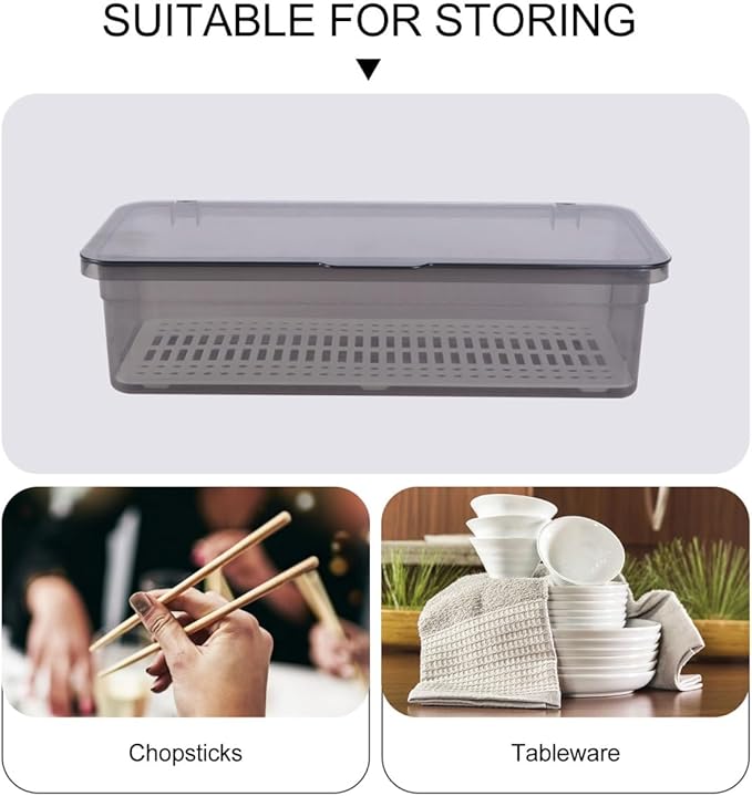 Housoutil Plastic Cutlery Organizer with Lid and Drainer Kitchen Utensil Storage Tray for Drawer and Countertop Flatware Holder for Organized Tableware 11X5X3 Inches
