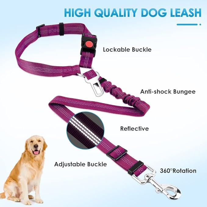 SlowTon Dog Seat Belt, 2 Pack Harness Seatbelt Adjustable With Elastic Bungee Buffer, 2 in 1 Pet Car Leash Headrest Restraint Reflective Safety Tether (Fushia, Dual Restraint)