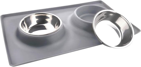 Dog Bowls with Mat, Cat Food Water Bowl Set (13.5oz Each) in No Spill Silicone Mat, Dual Pet Feeder Bowl for Puppy, Cats, Small Medium Dogs (Square, Grey)
