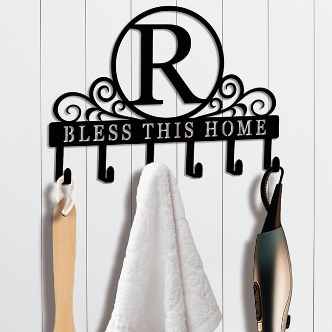 Metal Letter R Key Holder for Wall, Monogram Coat Rack Wall Mount, Key Hooks Perfect for Bathroom, Living Room, Kitchen, Office Ideal Wedding, Anniversary, Housewarming Gift (R)