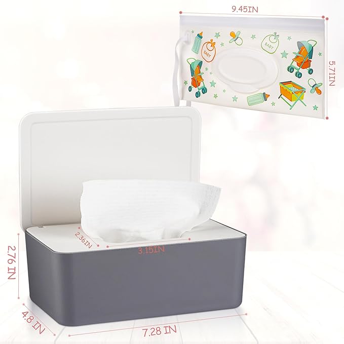 Whiidoom Diaper Wipes Dispenser Wipes Holder, Wipes Tissue Case Keeps Wipes Fresh Tissue Wipes Container with Lid (Grey)