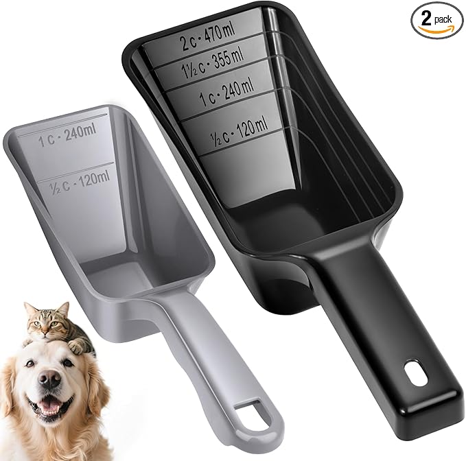 GNEOCO 2 Pack Dog Food Scoop with 1 Cup and 2 Cup Capacity, Plastic Pet Food Measuring Scoops with Clear Measurement Lines for Dogs, Cats & More,Dishwasher safe (Grey and Black)