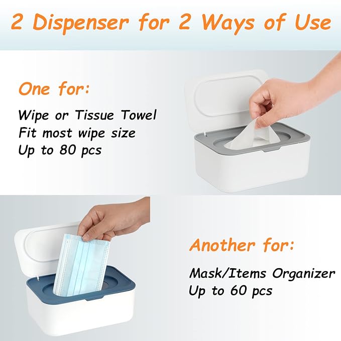 2 Pack Wipes Dispenser, Wipe Holder for Baby & Adult, Seposeve Refillable Wipe Container, Keeps Wipes Fresh, One-Handed Operation. Non-Slip, Easy Open/Close Wipes Pouch Case