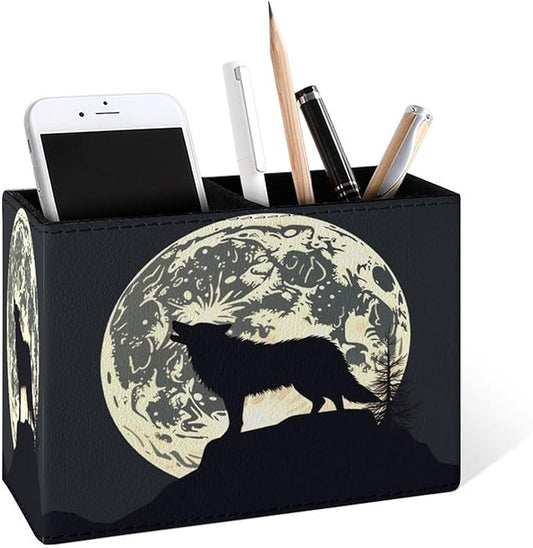 Famame Howl Black Wolf Moon Pencil Holder for Desk, Leather Desktop Container Pen Cup Storage Study Table Pen Organizer Makeup Brush Holder for Classroom Office Home