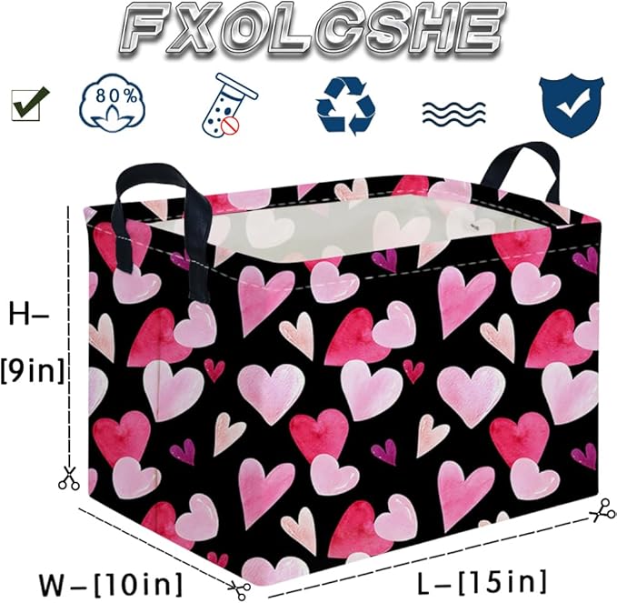 FXOCSHE Rectangular Black Valentine's Day basket,nursery basket,Black girls gift baskets,kids toy storage Bin, Love Heart Room Decor for Home,Shelf Baskets(Enchanting heart)