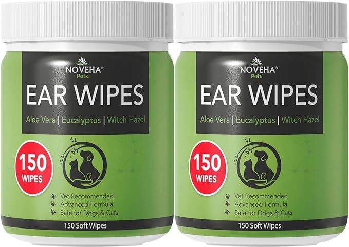 NOVEHA 300PCs Dog Ear Cleaner Wipes, Daily Ear Cleaner for Dogs & Cats - Stop Ear Itching with Aloe, Eucalyptus & Witch Hazel Ear Wipes for Dogs - for Odor Control, Dirt and Wax Removal, Unscented