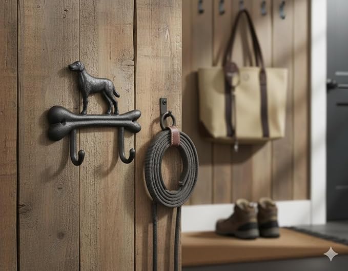 Comfy Hour Cast Iron Dog on Bone Double Wall Hook - Antique Vintage Style Heavy Duty Clothes & Key Hanger, Recycled Metal