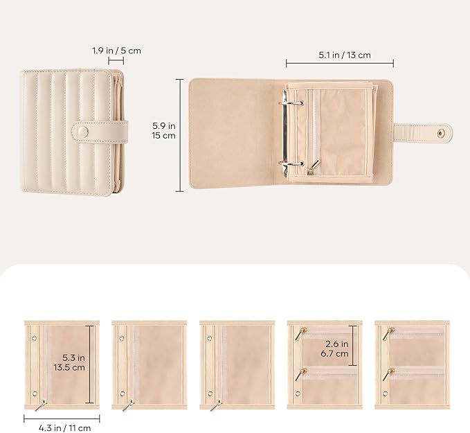 Lolalet Travel Jewelry Organizer Case, Portable Jewlery Storage Book Portfolio Binder with Zipper Velvet Pouch for Women -Beige, Small