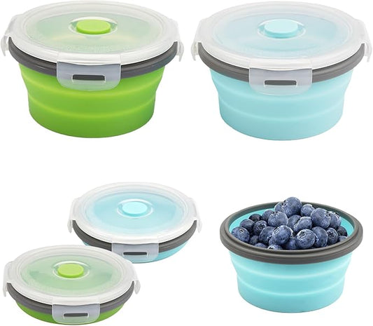 2-Pack Collapsible Bowls with Lids, Reusable Silicone Food Storage Containers for Meal Prep, Camping Must Haves Accessories Green Blue, Microwave Freezer Safe Dishwasher Safe Leak Proof