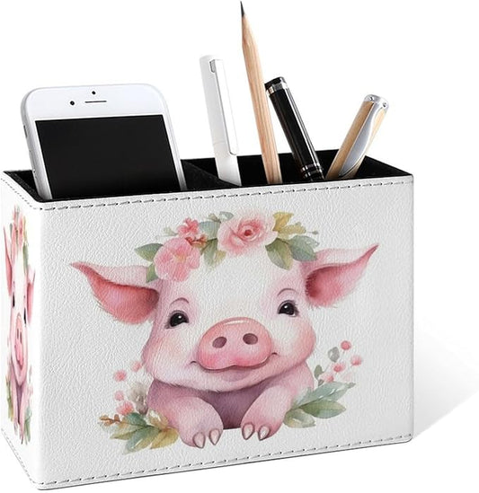 Famame Floral Crown Pink Pig Pencil Holder for Desk, Leather Desktop Container Pen Cup Storage Study Table Pen Organizer Makeup Brush Holder for Classroom Office Home