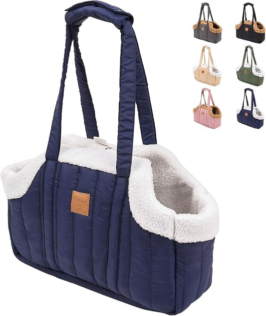 ETIAL Small Dog Carrier Purse, Winter Fleece Warm Dog Tote Bag Carrier with Secure Harness Clip for Puppy Kitten, Waterproof Pet Travel Handbag for Shopping, Hiking and Walking (Dark Blue)
