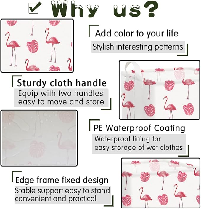 FXOCSHE Flamingo Pink basket,Baby Girl Basket,Collapsible canvas waterproof storage container for kids,Nursery hamper,Toy Organizer,Girls Room decor(Pink flamingos)