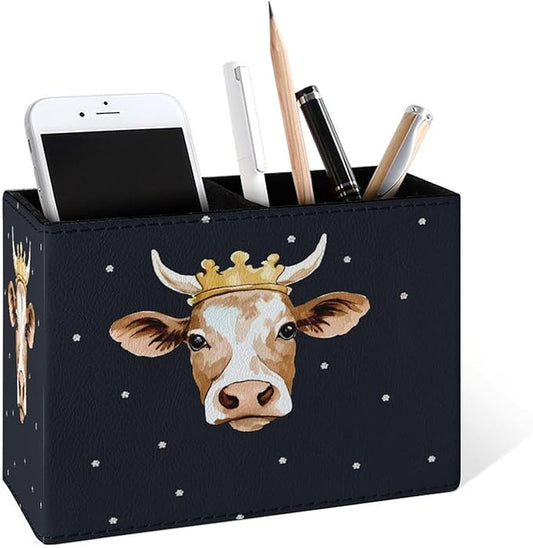 Famame Crown Cow Head Pencil Holder for Desk, Leather Desktop Container Pen Cup Storage Study Table Pen Organizer Makeup Brush Holder for Classroom Office Home