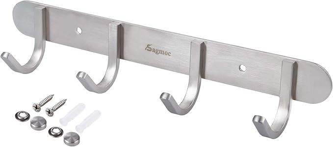 Coat Hook Rack Brushed Nickel - Sagmoc 10.6-Inch Coat&Towel Hook Rail Wall Mounted with 4 Hooks, Durable Wall Hangers for Bedroom, Bathroom, Foyer, Hallway (SUS304 Stainless Steel)