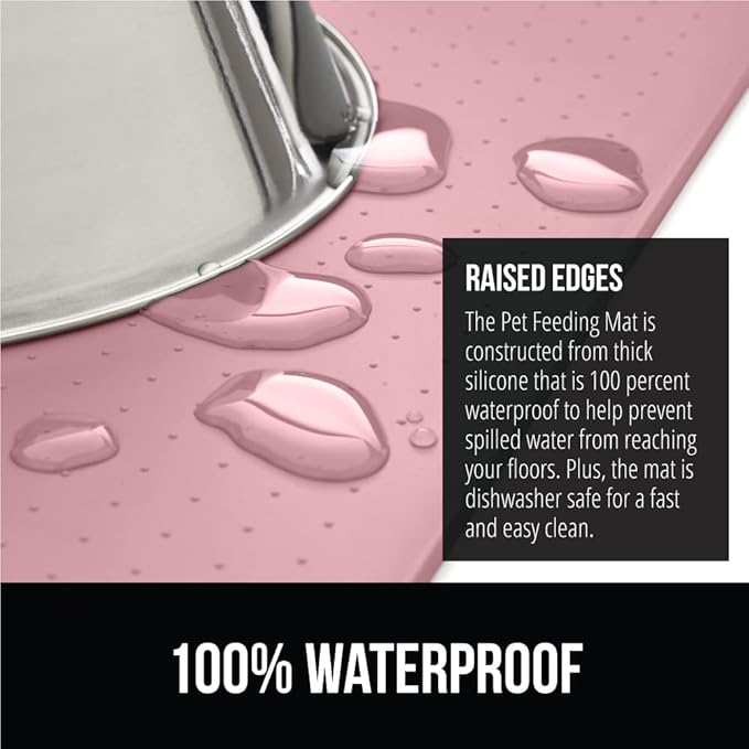 GORILLA GRIP 100% Waterproof Raised Edge BPA Free Silicone Pet Feeding Mat, Dog Cat Food Mats Contain Spills Protects Floors, Placemats for Cats and Dogs Water Bowl, Pets Accessories 18.5x11.5 Pink
