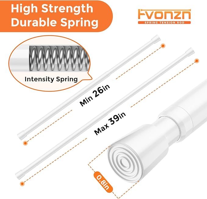 FVONZON Tension Curtain Rod White Spring Tension Curtain Rods 26-39 inch 4Pack Adjustable Spring Rods Extendable Tension Rod For Closet, Window, Kitchen,Bookshelf,Bathroom